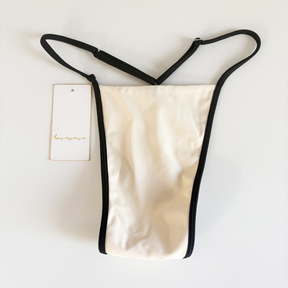 Lovewave Revolve Womens Cream Black Contrast High Cut‎ T-Back Bikini Bottoms S